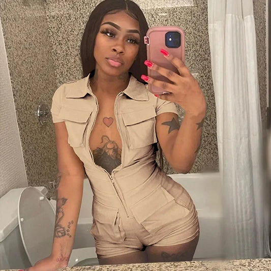 Streetwear Zipper Pockets Shorts Jumpsuit Women Clothing Short Sleeve Skinny Cargo Playsuit Summer Casual One Pieces Romper
