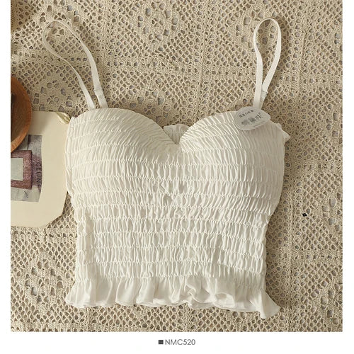 Sexy Skinny Crop Tops Woman 2023 Elegant Spaghetti Strap Chic Women’s Tanks and Camis Pleated Tank Top Built In Bra Dropshipping