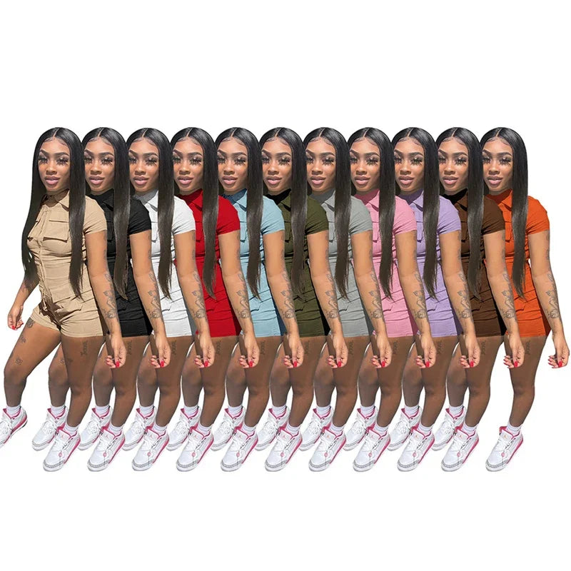 Streetwear Zipper Pockets Shorts Jumpsuit Women Clothing Short Sleeve Skinny Cargo Playsuit Summer Casual One Pieces Romper