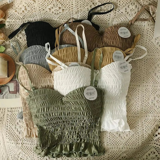 Sexy Skinny Crop Tops Woman 2023 Elegant Spaghetti Strap Chic Women’s Tanks and Camis Pleated Tank Top Built In Bra Dropshipping