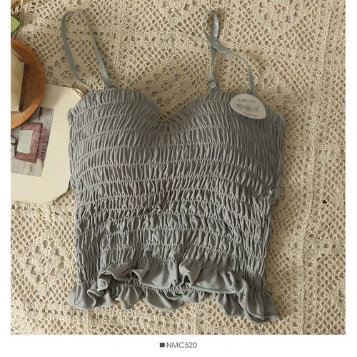 Sexy Skinny Crop Tops Woman 2023 Elegant Spaghetti Strap Chic Women’s Tanks and Camis Pleated Tank Top Built In Bra Dropshipping