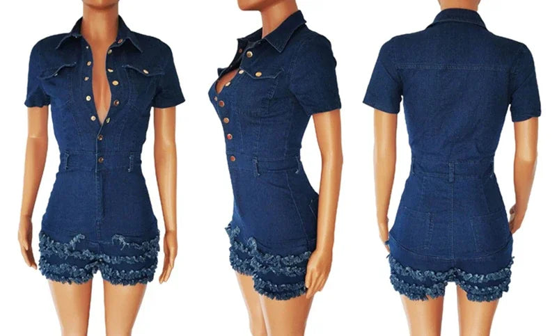 Fashion Sexy Short Sleeves Burrs Tassel Fringes Rough Edge Summer Solid Blue Denim Shorts Jeans Rompers Skinny Jumpsuit Playsuit