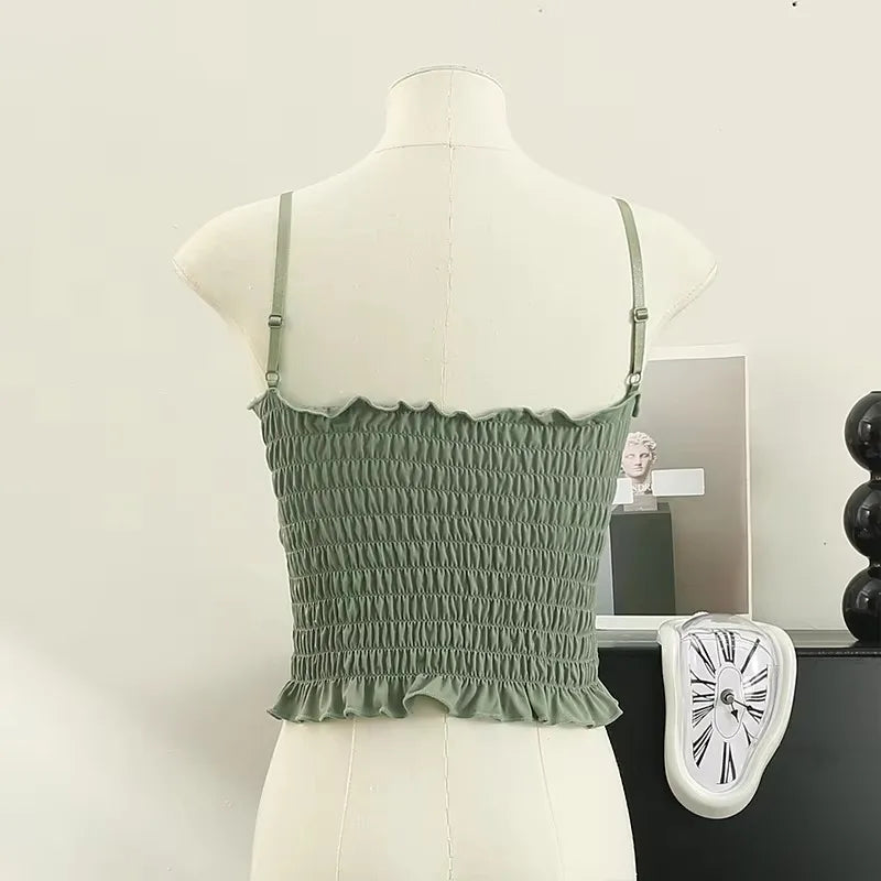 Sexy Skinny Crop Tops Woman 2023 Elegant Spaghetti Strap Chic Women’s Tanks and Camis Pleated Tank Top Built In Bra Dropshipping