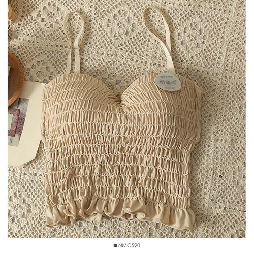 Sexy Skinny Crop Tops Woman 2023 Elegant Spaghetti Strap Chic Women’s Tanks and Camis Pleated Tank Top Built In Bra Dropshipping