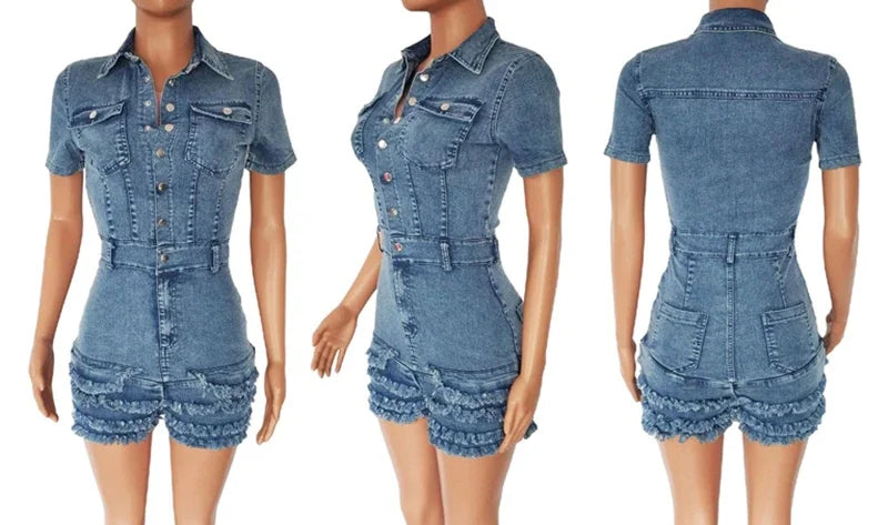 Fashion Sexy Short Sleeves Burrs Tassel Fringes Rough Edge Summer Solid Blue Denim Shorts Jeans Rompers Skinny Jumpsuit Playsuit