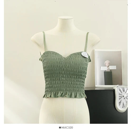 Sexy Skinny Crop Tops Woman 2023 Elegant Spaghetti Strap Chic Women’s Tanks and Camis Pleated Tank Top Built In Bra Dropshipping