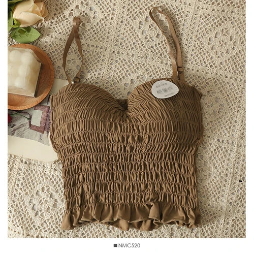 Sexy Skinny Crop Tops Woman 2023 Elegant Spaghetti Strap Chic Women’s Tanks and Camis Pleated Tank Top Built In Bra Dropshipping