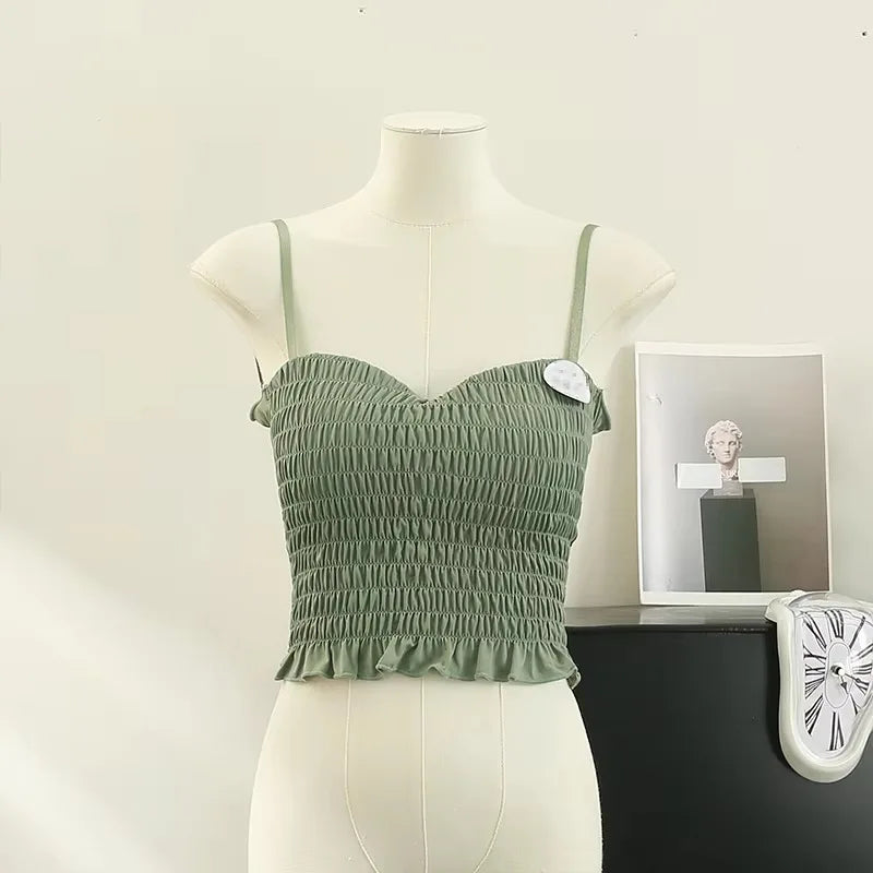 Sexy Skinny Crop Tops Woman 2023 Elegant Spaghetti Strap Chic Women’s Tanks and Camis Pleated Tank Top Built In Bra Dropshipping