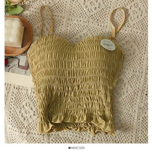 Sexy Skinny Crop Tops Woman 2023 Elegant Spaghetti Strap Chic Women’s Tanks and Camis Pleated Tank Top Built In Bra Dropshipping